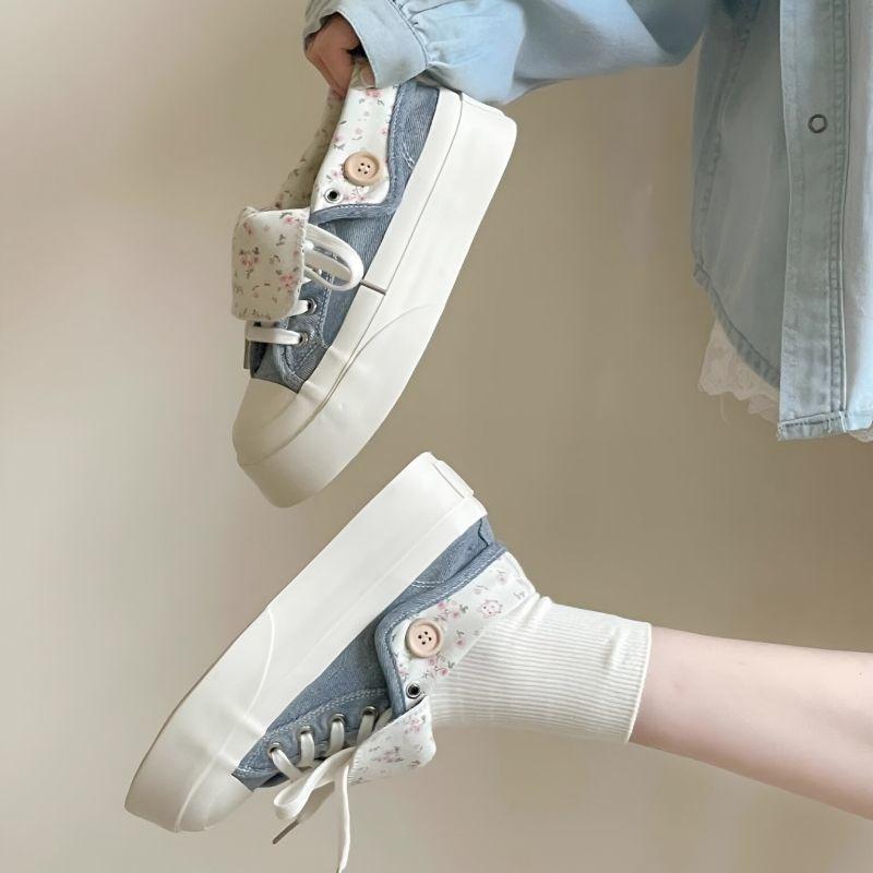 Floral denim blue platform canvas white shoes women's summer breathable thin student versatile tide shoes