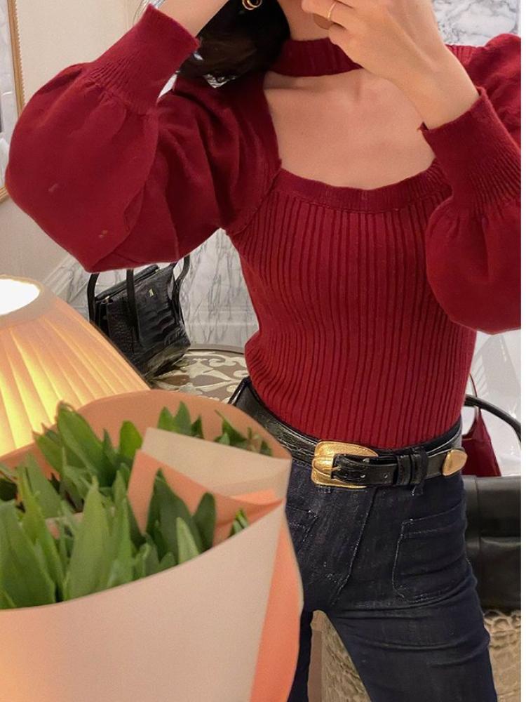Sweaters Autumn and Winter The New Niche Bubble Sleeves Square Neck Bottoming Shirt and Long-sleeved Knitted Tops.