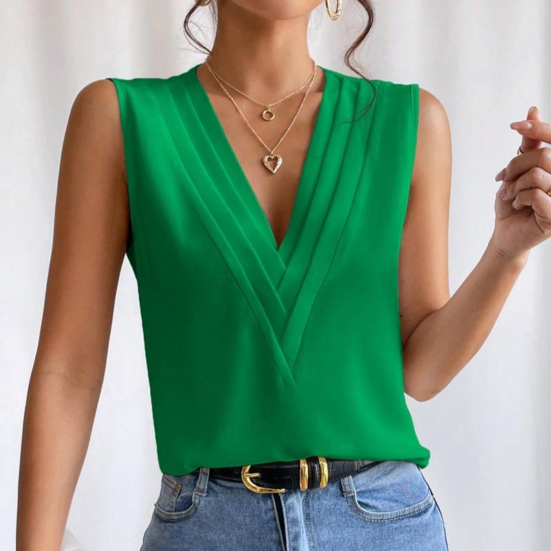 Summer New Pleated V-neck Solid Loose Shirt Women Sleeveless Elegant Casual Woman Blouse Vintage Fashion Office Lady Plus Size Blouses Tops 24716