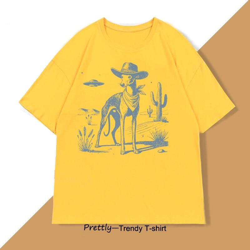 Vintage UFO Western TShirt Cotton Retro Short Sleeve Tshirt Cowboy Wild West Dog Mom T Shirt Casual Round Neck Loose Tees Top