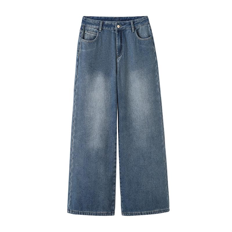 

Women s Retro High-Waisted Rhinestone Star Jeans with Velvet – Loose Wide-Leg Pants for Autumn/Winter. M