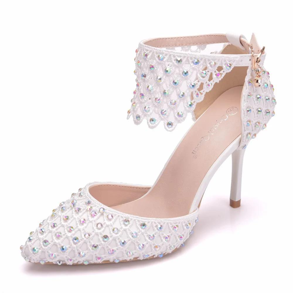 Fashion White Lace Flower Wedding Shoes With Matching Bags High Heels Pointed Toe Ankle Strap Ladies Party Shoe And Bag Set Pearl Shoe