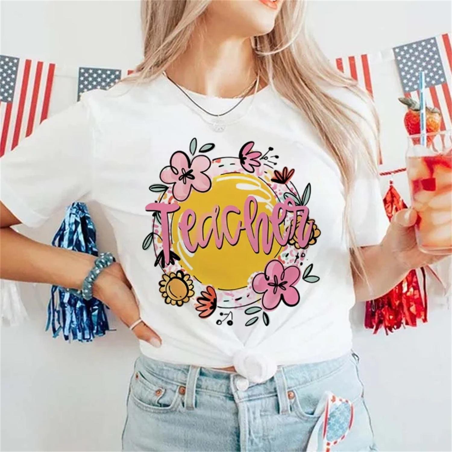 Fashionable T-Shirt Printed Women s Clothing Sweet Flower Pattern 90s Short Sleeved Women s Casual Trend Summer Printed T-Shirt XXXXXL белый