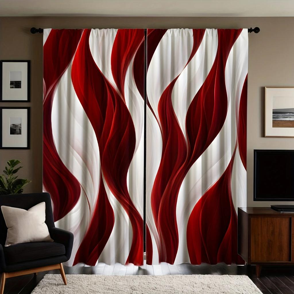 Elegant Red and White Abstract Wave-printed Curtains, Pole Bag Curtains, Home Decoration, Room Decoration