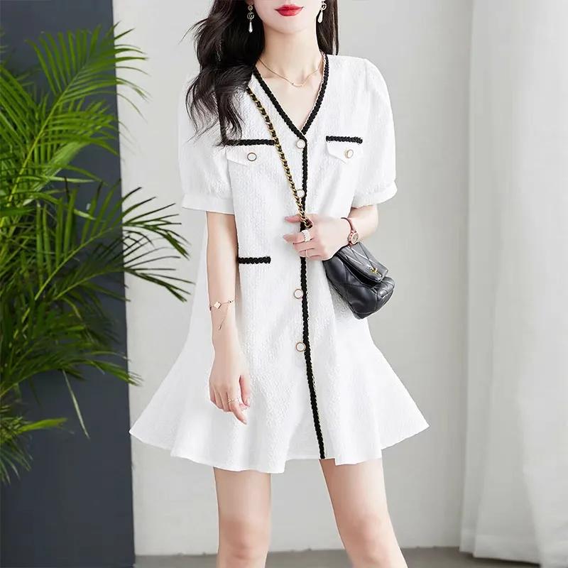 Women s Summer White Contrast Trim V Neck Ruffle Mini Dress S белый