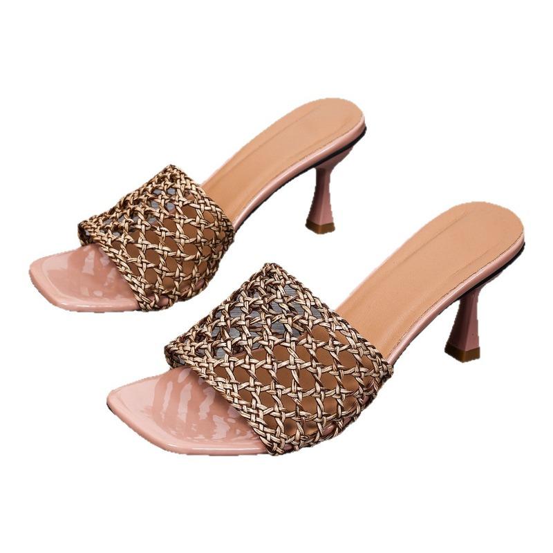 Mules Femmes Luxe Woven Hollowed-out High Heels Women Slippers Banquet Party Shoes Flip Flops Summer Ladies Slides Tongs Femmes