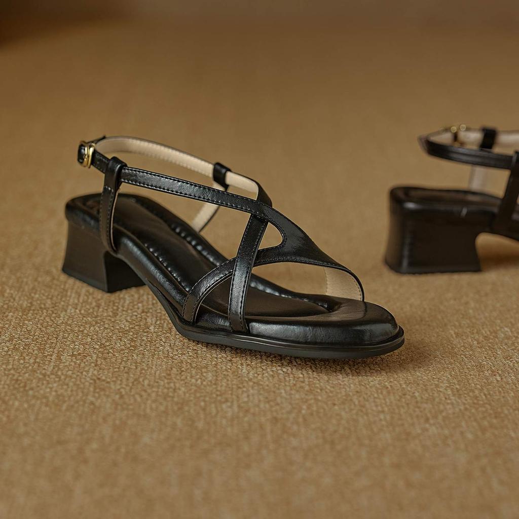 Krazing Pot Cow Skin Thick Med Heels Peep Toe Summer Size 42 Brand Shoes Concise Design Gladiator Elegant Women Sandals