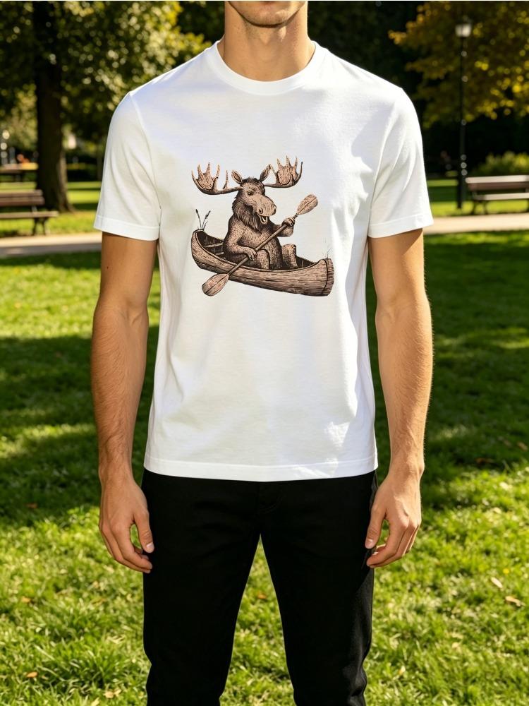 Vintage Sketch Style Moose Rowing Wooden Canoe Nature Graphic Unisexs Crew Neck Short Sleeve Tee Casual Daily Soft Basic Wear Top