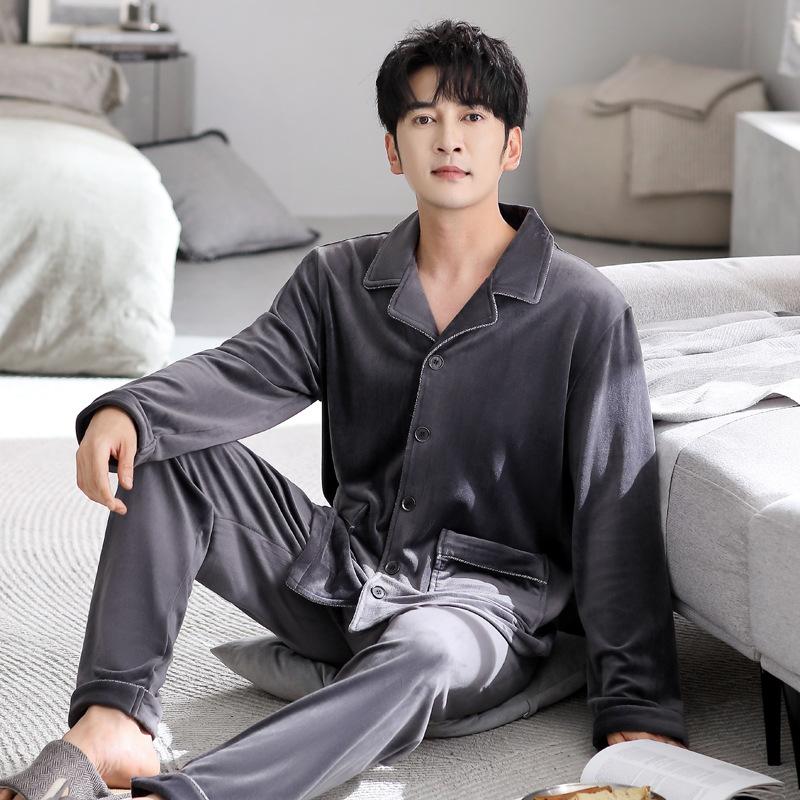Pajamas Men'S Coral Fleece Thickened Long Sleeve Plus Size Island Fleece Winter Flannel Homewear Casual Autumn And Winter Suit