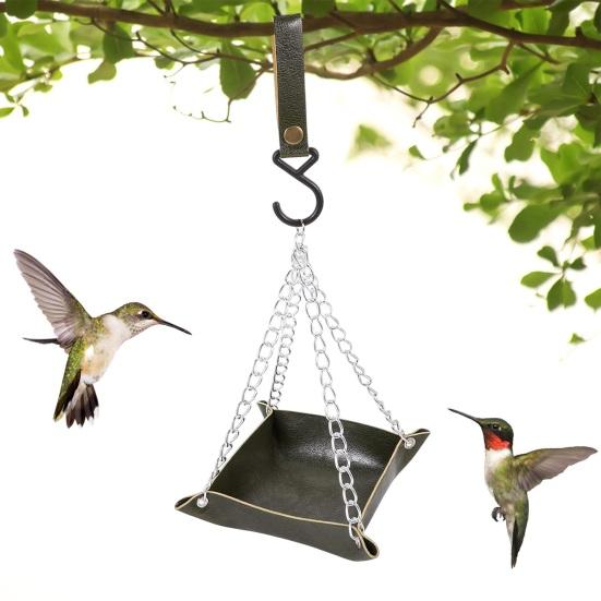 Hanging Bird Feeder Outdoor Hummingbird Feeders Faux Leather Feeding Tray Metal Mesh Attracting Wild Birds Square Platform