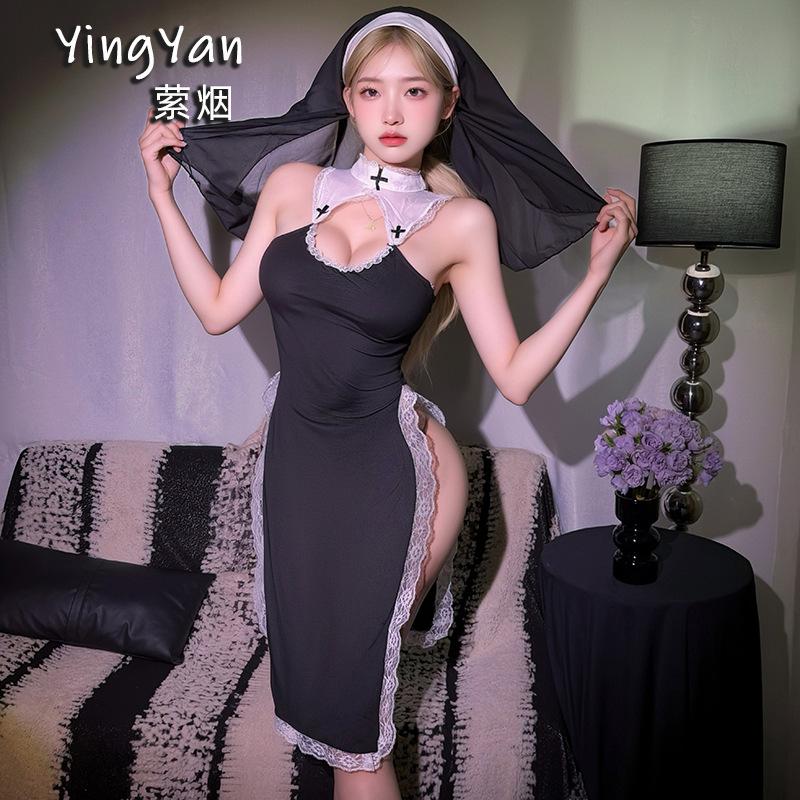 Sexy lingerie sexy cosplay nun uniform high split lace dress hollow halter uniform