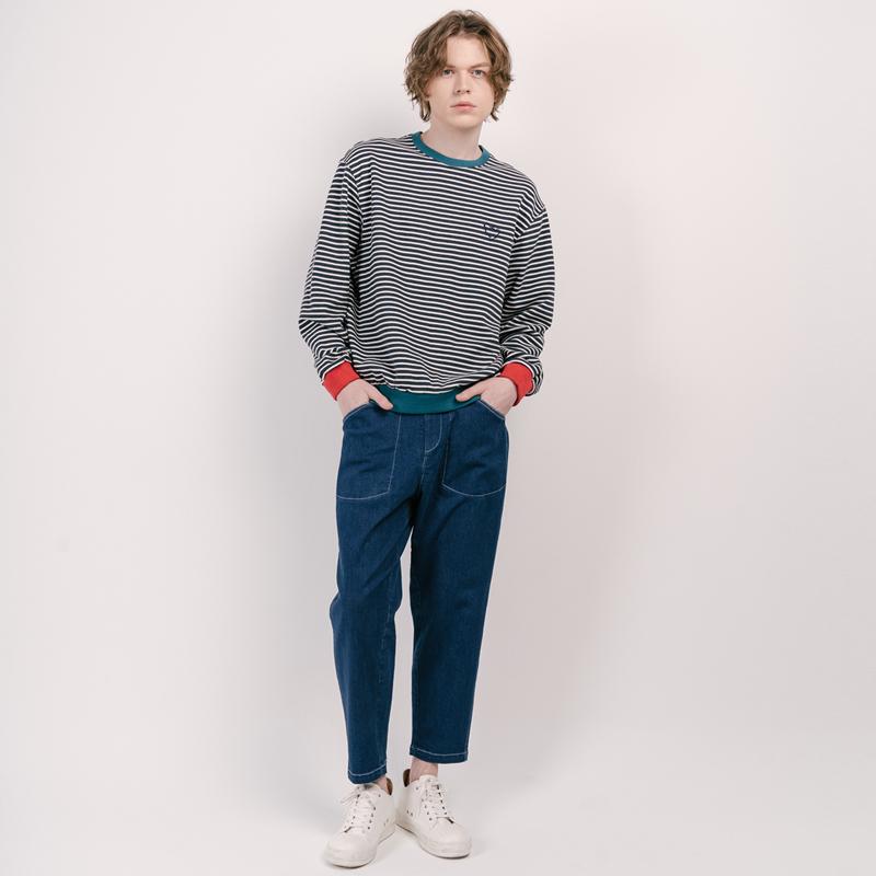 CUSTOMUS Stripe & Rib Mix Heart Logo Embroidery Oversized Sweatshirt Cxscoskmt202 Nav