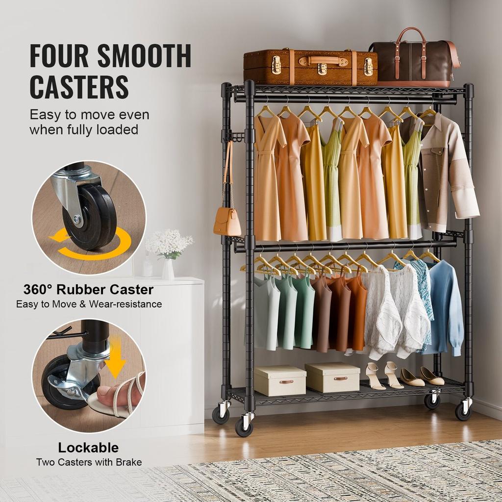 Heavy Duty Clothes Rack, Rolling Clothing Garment Rack with 3 Storage Tiers, 2 Rods and 2 Pairs Side Hooks, Adjustable Height Clothing Rack Closet for
