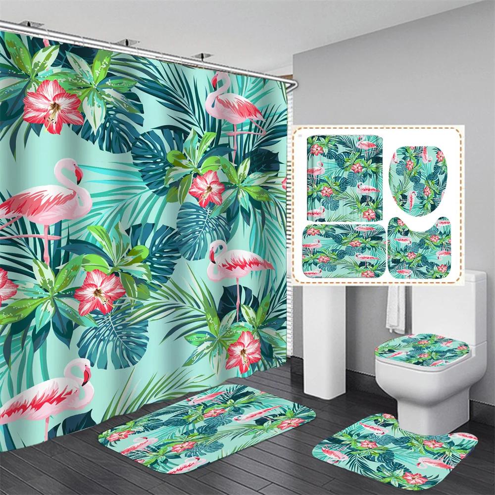 Pink Flamingo Tropical Leaves 3D Hd Shower Curtain Set Waterproof Polyester Bathroom Shower Curtain Set With Mat Non-Slip Rugs