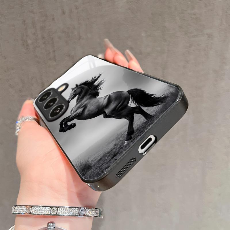 Art Dark Horse Pattern Glass Phone Case Suitable for Samsung Galaxy S26 S25 S24 S23 S22 S20 FE/Ultra/Plus5G Anti Drop