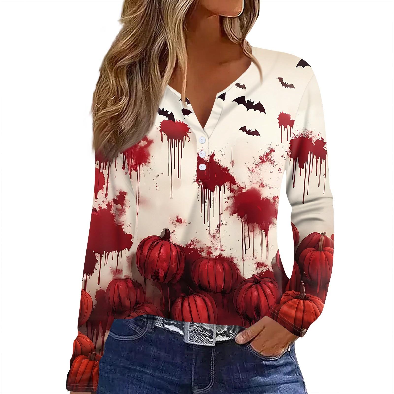 

Женская футболка Футболка Принт Хэллоуин Пуговица Длинный рукав Повседневная Мода на выходные Базовая V-образный вырез Обычный топ XL красный