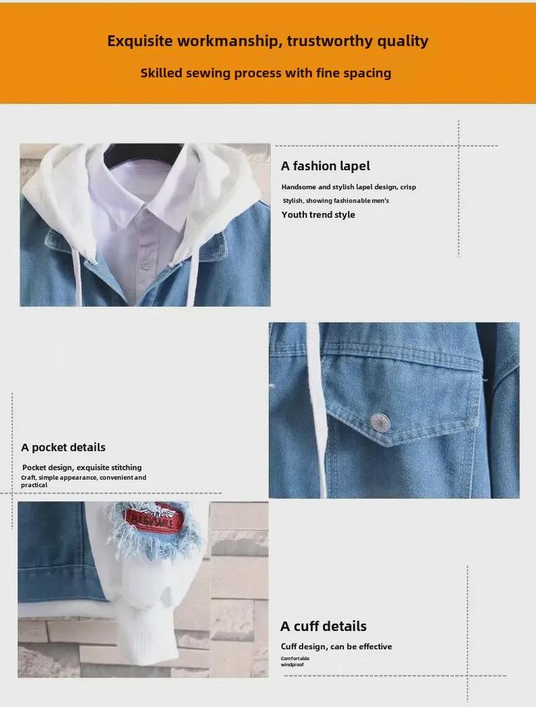 Herren-Jeansjacke im koreanischen Stil, 2-in-1-Jeansjacke – trendig, lockere Passform, mit Kapuze, perfekt für Frühling und Herbst