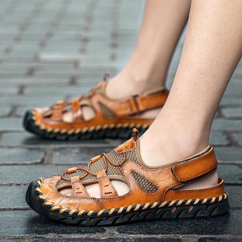 Leather Men Water Beach Sandals Summer Outdoor Casual Closed Toe Sports Sandals Non-slip Soft Hiking Wading Sneakers