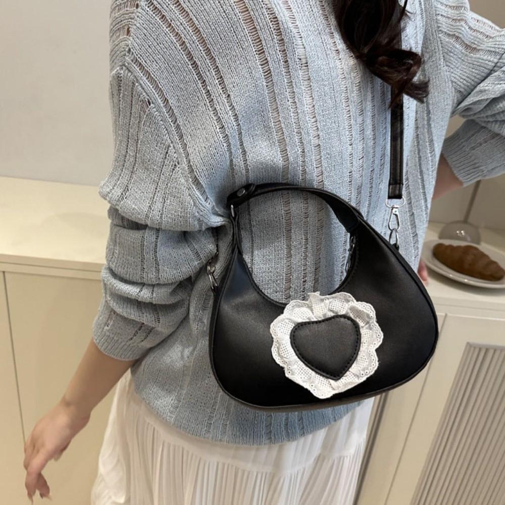Casual Solid Color Love Heart Crossbody Bag Korean Style PU Leather Women Underarm Bag Handbag All-match Crescent Bag Women