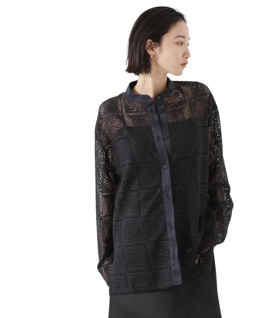 Nano Universe Band Collar Lace Shirt Be Paired with Other F 010 Black Women's (Can Items) 673-5120315