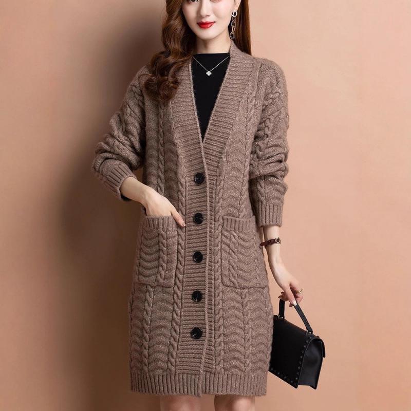 Women's Thick Knit Mid-Length Cardigan - 2025 Autumn/Winter Fashionable Loose Sweater Coat