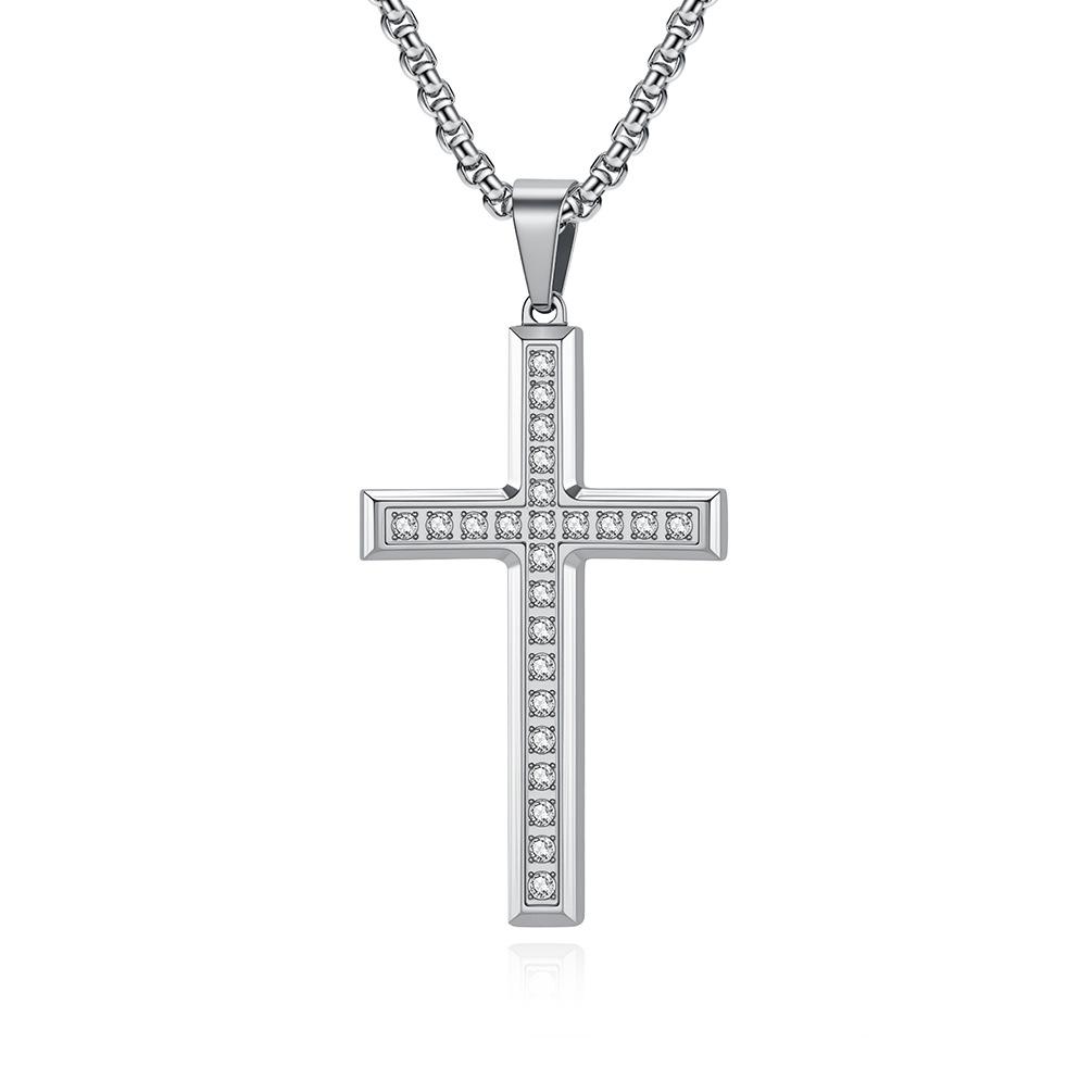 Fashion Trend Jewelry Titanium Steel Inlaid Diamond Cross Necklace Men s and Women s Simple High-end Cross Pendant 60CM
