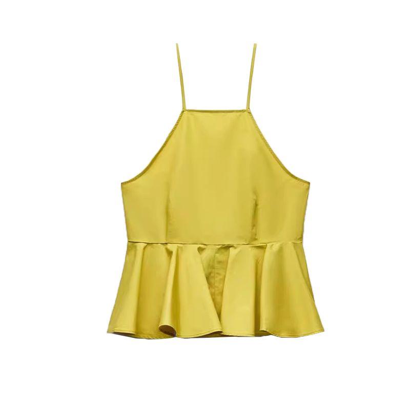 Spring/Summer New Women's Clothing Vacation Style Cotton Blended Poplin Hanging Collar Frill Vest Tops 3666089