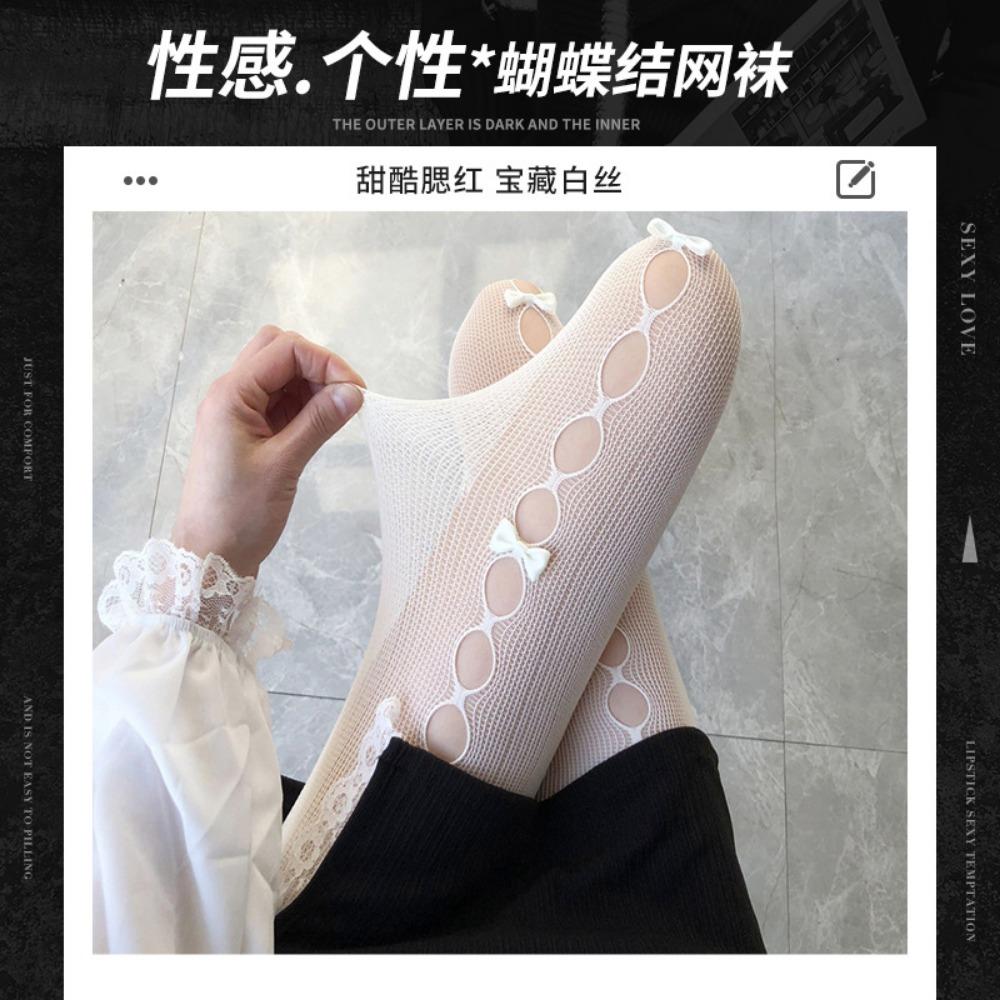 White Silk Fishnet Socks Summer Ultra-thin Bow Girl Japanese JK Black Stockings Sexy Hollow White Pantyhose