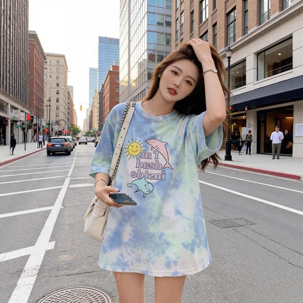 Popular Korean women's tie-dye short-sleeved T-shirt women's summer new loose dolphin top