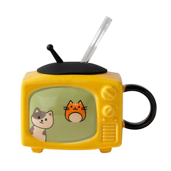 Retro Cat TV Ceramic Mug with Lid & Straw 450ml Cute Coffee Cup Leak-Proof Heat Resistant TV Shape Milk Beer Mugs Novelty Gift Home Decor