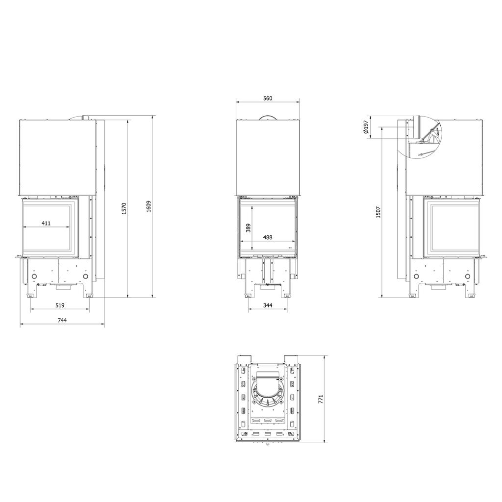 Steel Fireplace KRATKI REGNOR 500/500 7 kW Ø 200 3-sided