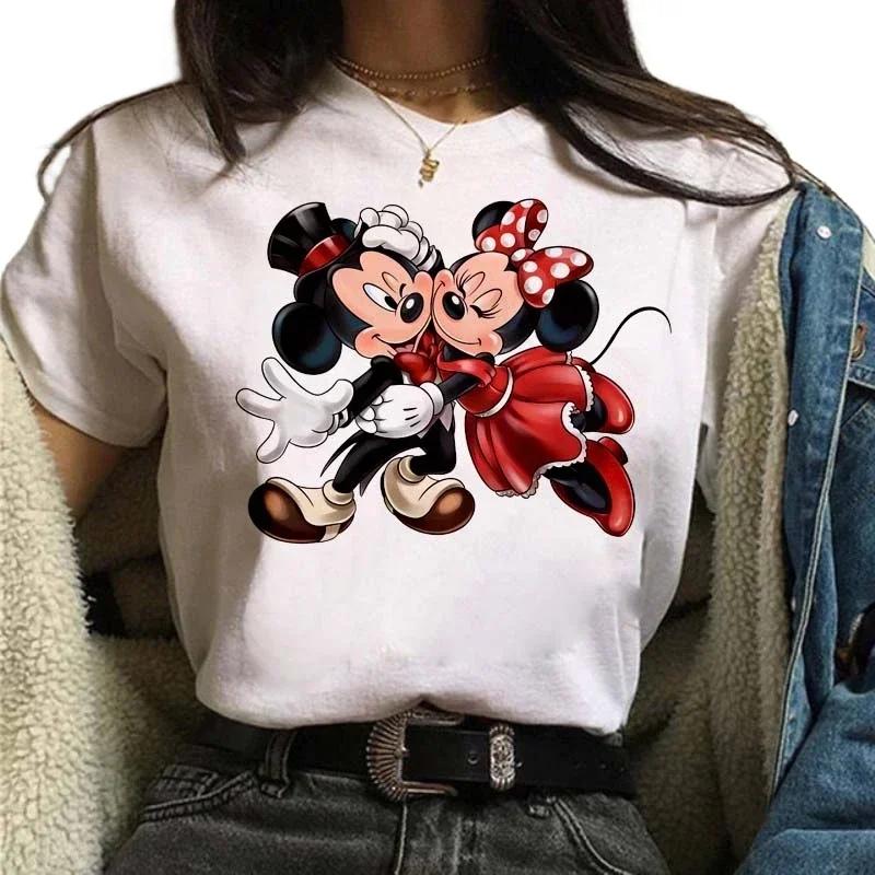 Funny Disney Women T-shirt Cute Cartoon Mickey Minnie Graphic Casual Short Sleeve T Shirt Female Kawaii Loose Y2K Clothing Tops