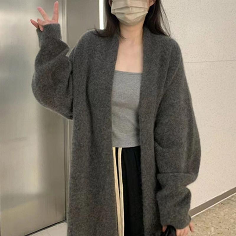 

Свитер средней длины, свободный повседневный вязаный кардиган для женщин One size серый