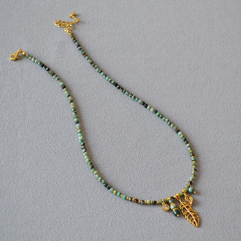 Autumn/Winter French Retro Turquoise Beaded Leaf Necklace