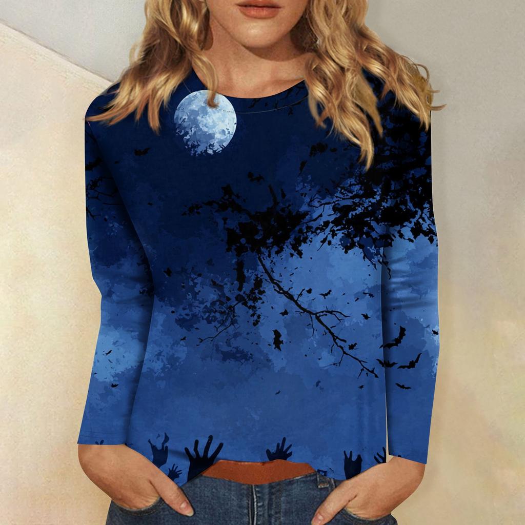 Women's long-sleeved loose-necked Halloween print casual top , suitable for holiday parties