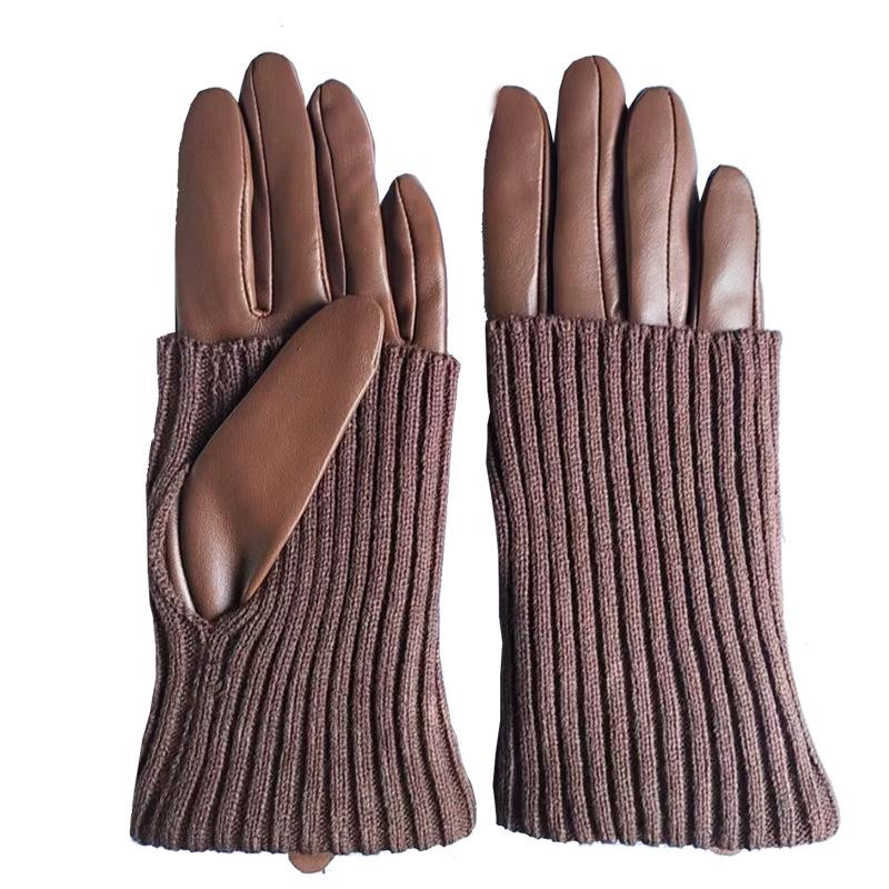 Damen Strick-Rippen-Lederhandschuhe: Herbst/Winter Warm Radfahren Plus Samt Echtes Leder