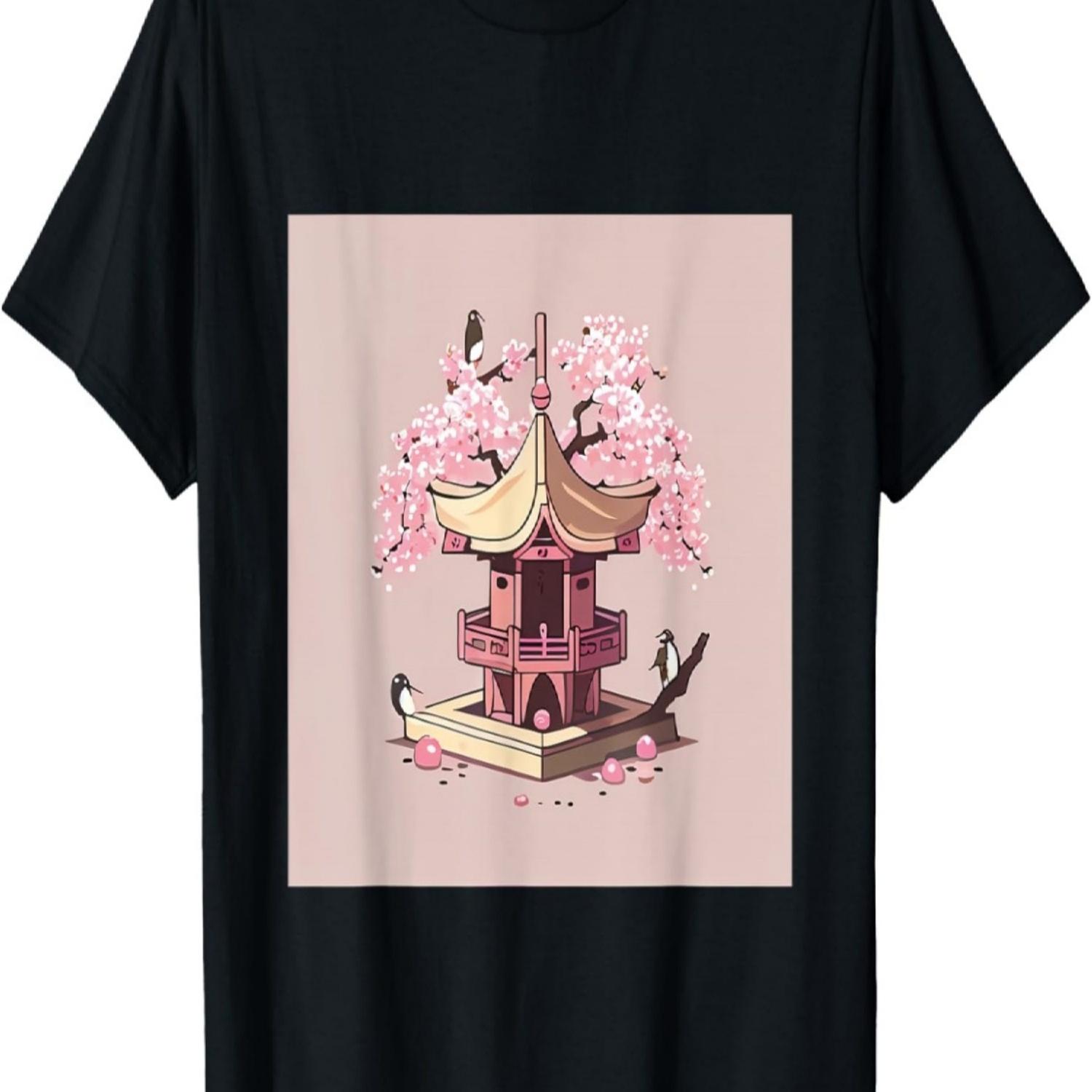 Kawaii  Shrine with cherry blossom tree and birds T-Shirt S чёрный