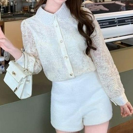 Elegante Camisa de Renda com Gola de Boneca e Miçangas Francesas - Top Bordado de Manga Longa Estilo Primavera