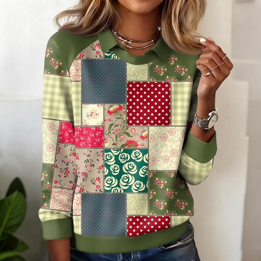 Ladies' Plaid Printed Casual Long Sleeved Sweatshirt Top