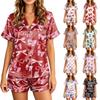 Womens Short Sleeve Pajama Set Lightweight Satin Sleepwear with Chest Pocket Shorts and Button Down Top with Bow Pattern