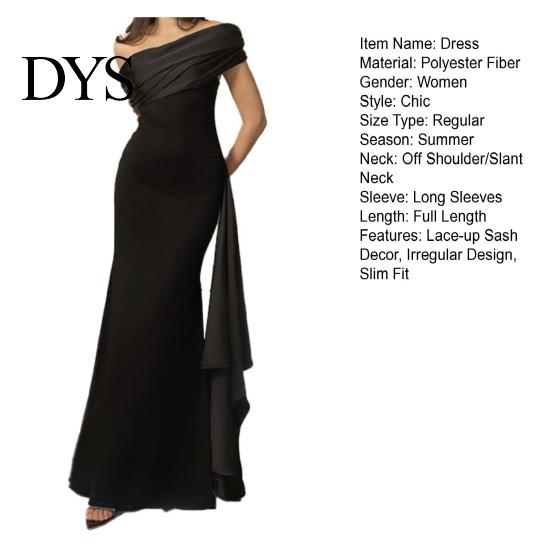 Solid Color Women Dress Lady Evening Slant Neck Off Shoulder Sleeveless Pleated Lace-up Sash Decor Long Irregular Design Slim Fit Prom Party