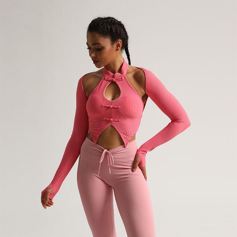 

National Style Quick-Drying Long Sleeve Two-Piece Suit Yoga Underwear Peach powder(Quality Edition) M