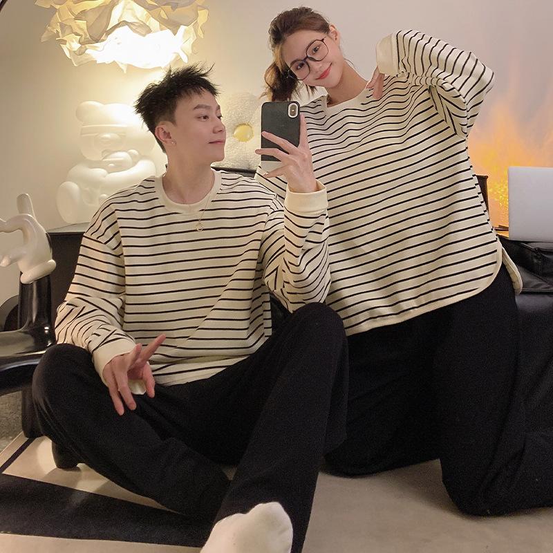 "Women's & Men's Cartoon Pajama Set with Chest Pads – Korean Style Long-Sleeve Home Wear for Autumn & Winter"
