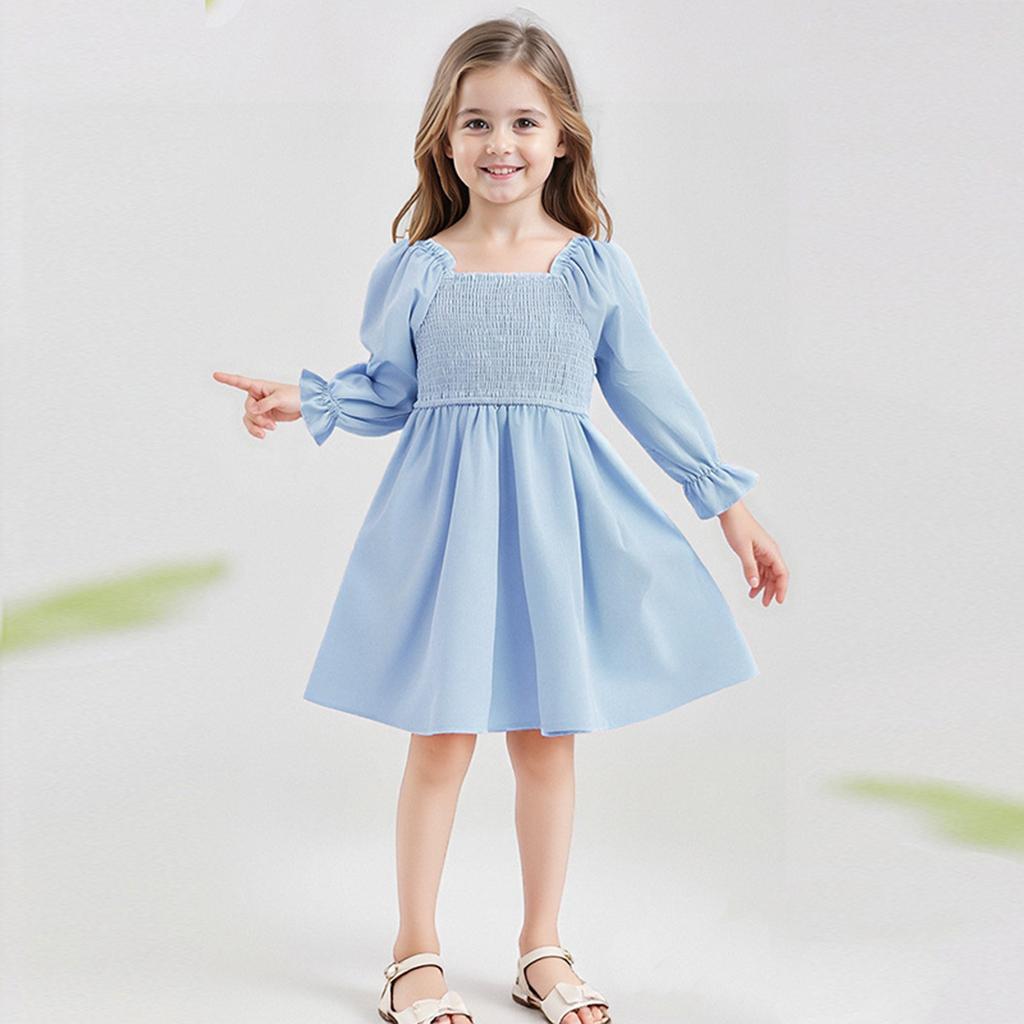 Girls' Fashion Cute Solid Color Square Neck Sleeve Ruffled High-Waisted Lace-Trimmed Full-Skirt Dress