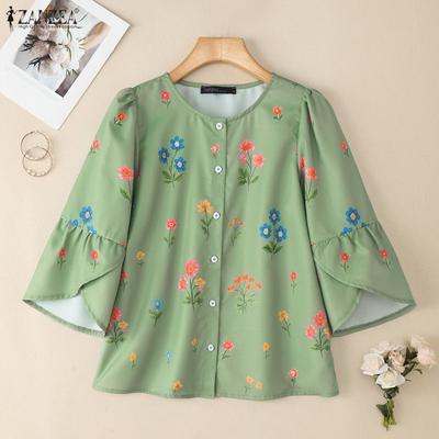 Women Casual Round Neck 3/4 Sleeve Loose Floral Print Blouse