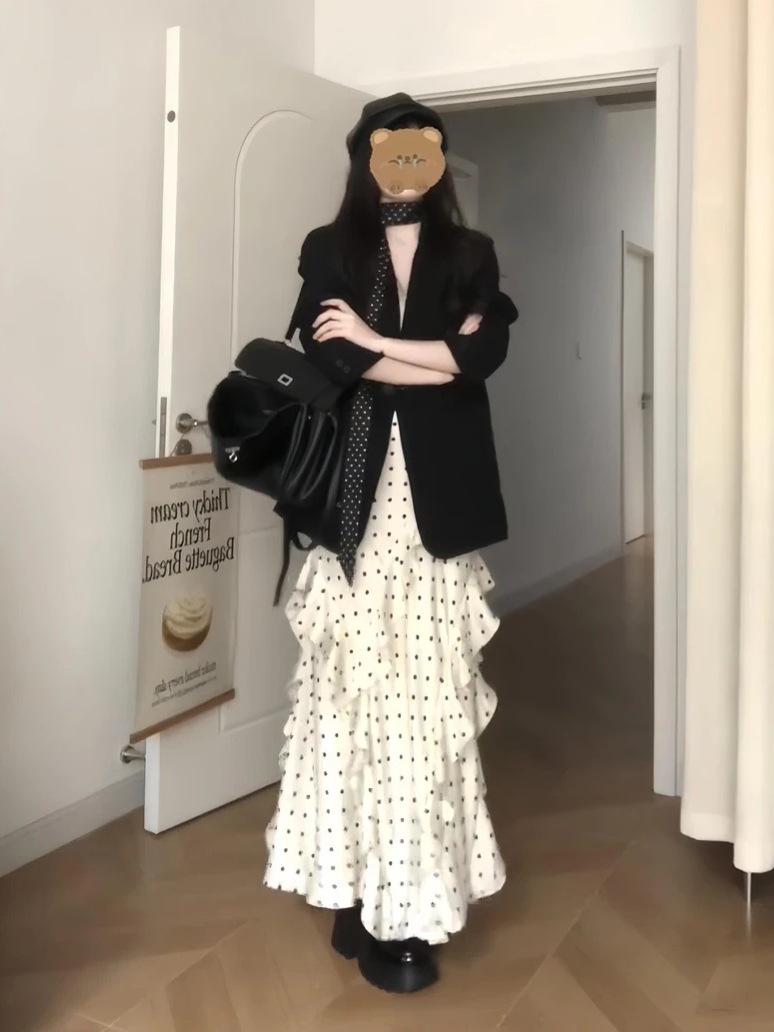 Korean Style Spring 2026 Black Polka Dot Ruffle Dress & Blazer Set L