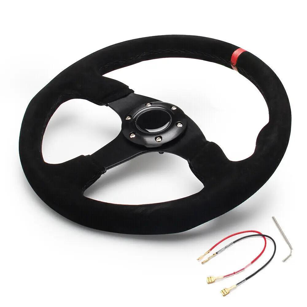 High Quality 14 Inch 350mm Car Red Racing Suede Leather & Aluminum Alloy Steering Wheel Flat With Horn Button Red