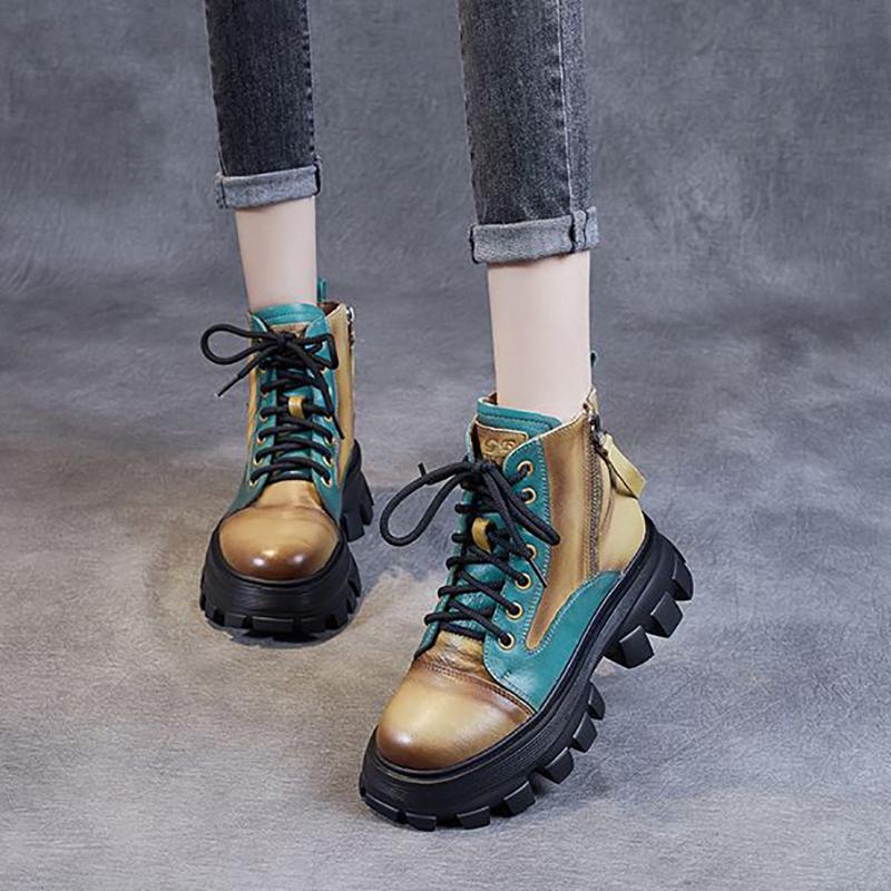 Fall/Winter Boots, Women's Chunky-Soled Color-Block Riding Boots, Vintage High-Top Ankle Boots, Fashionable Versatile Women's Boots