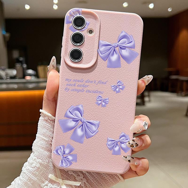 Purple Bowknot Pattern Leather Texture Plain Color Shell for Samsung S25 Ultra S24 Fe S23 S22 A56 A16 A15 A55 Soft Silicone Shockproof Matte Case