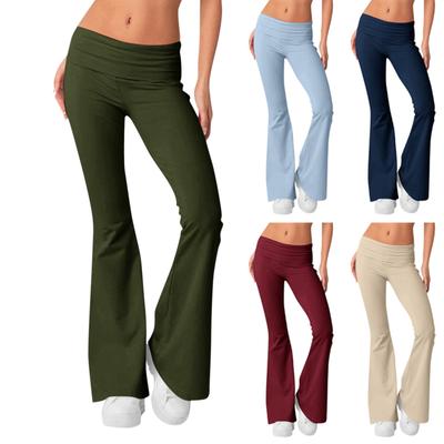 Dámské módní jednobarevné slim fit štíhlé obrácené pasové kalhoty s nízkým pasem a elastickým pasem